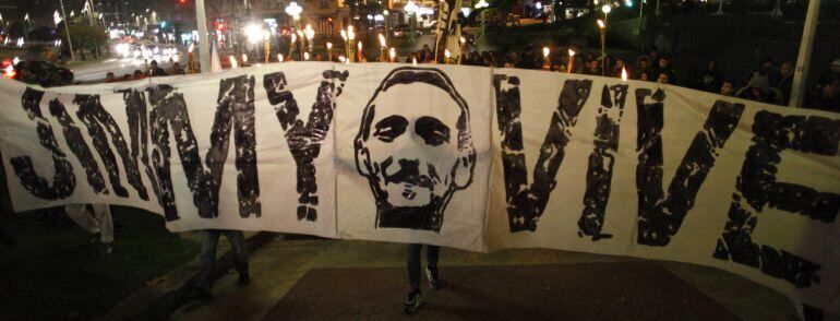 La pancarta de Jimmy en una concentración de los aficionados del Dépor