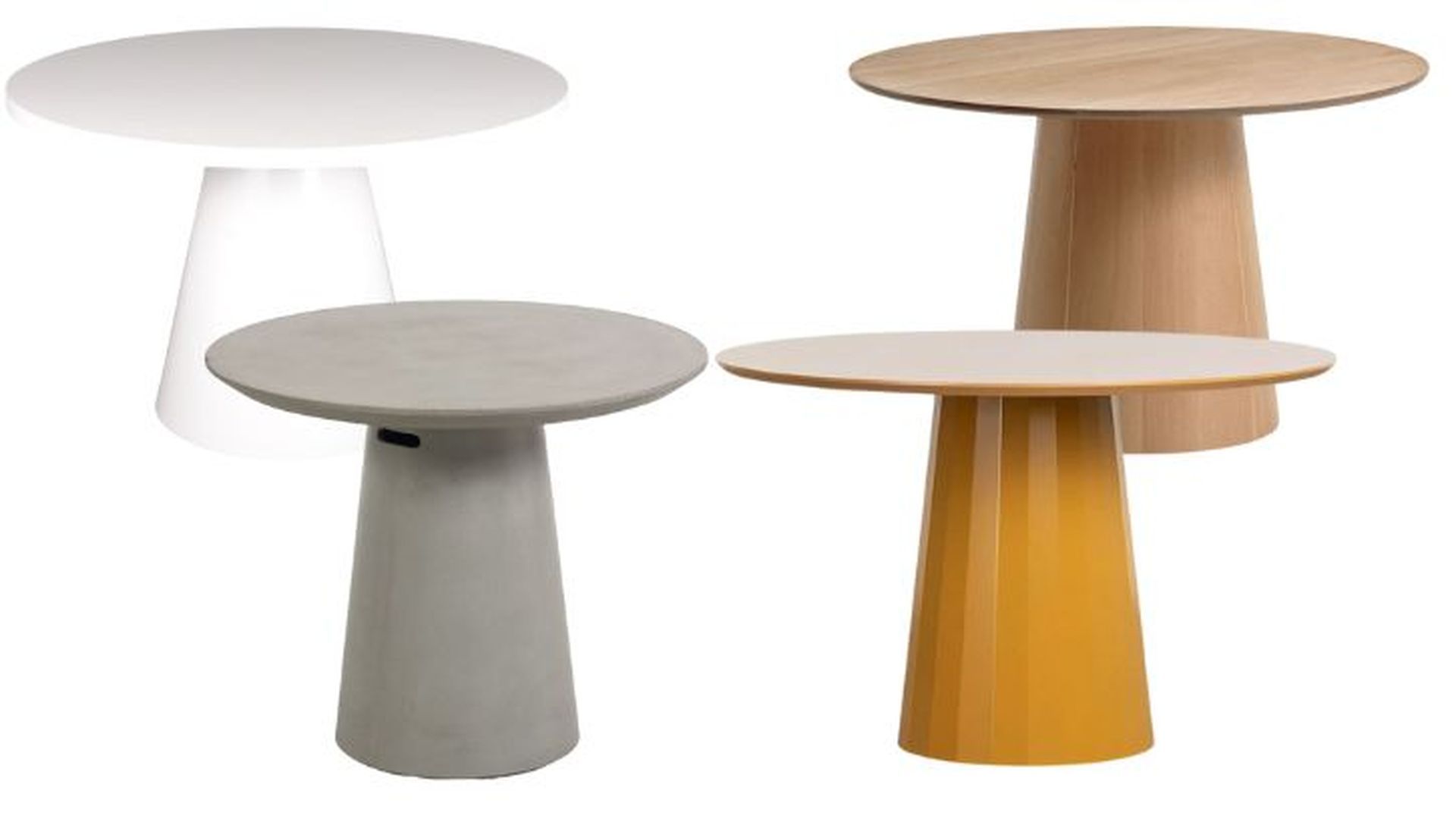 De izda. a dcha: Mesa redonda, modelo Itai, de Kave Home (449€). Mesa blanca con acabado brillante, modelo Kelly, de Conforama (194€). Mesa de comedor de roble, de Jysk (250€). Mesa redonda, modelo Irem, de madera y metal, de The Masie (339,95€).