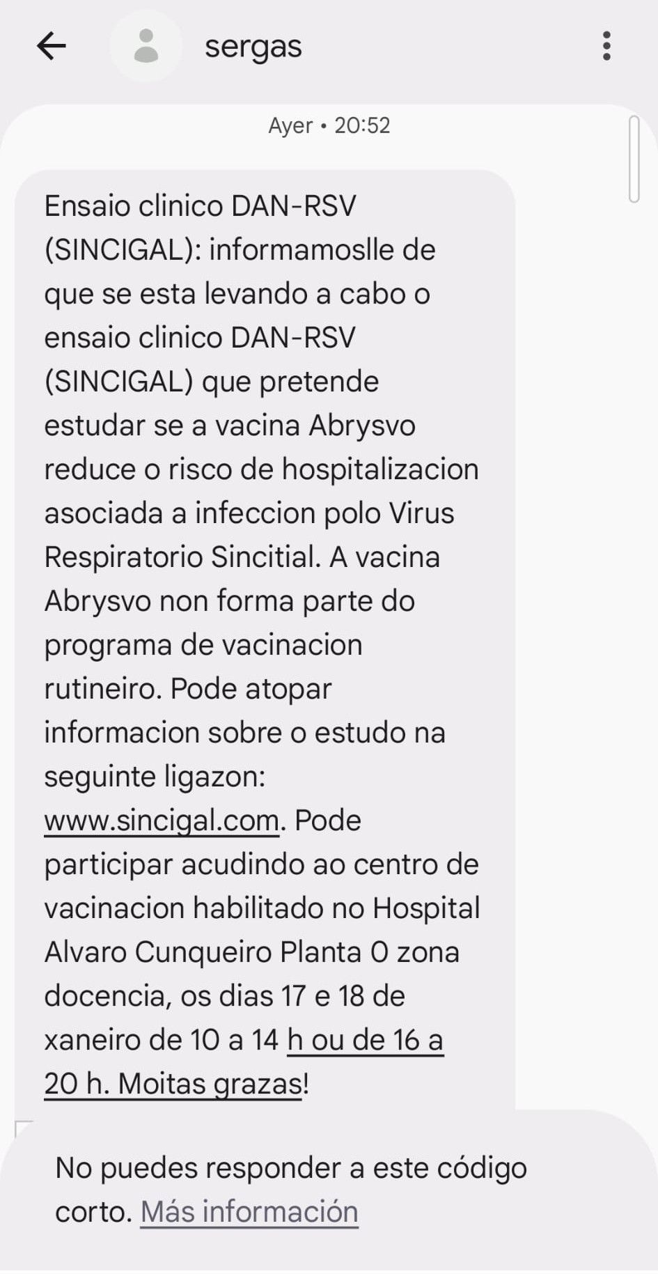El SMS con la invitación a participar en el ensayo que están recibiendo estos días miles de gallegos mayores de 18 años