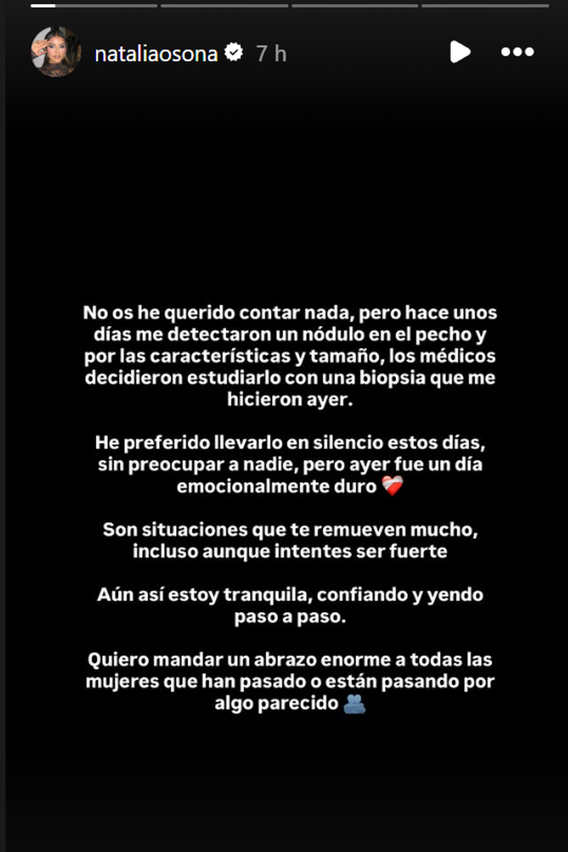 Natalia Osona revela que le han detectado un nódulo en el pecho