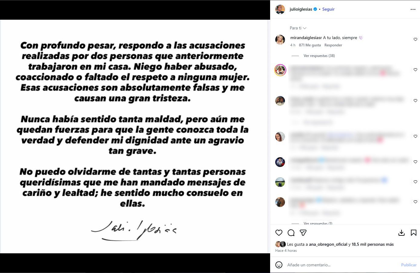 Miranda ha comentado la publicación de Julio Iglesias