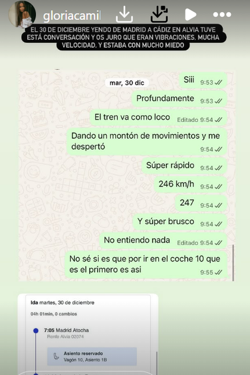 Gloria Camila ha sacado a la luz el relato de lo que vivió en un tren hace unas semanas