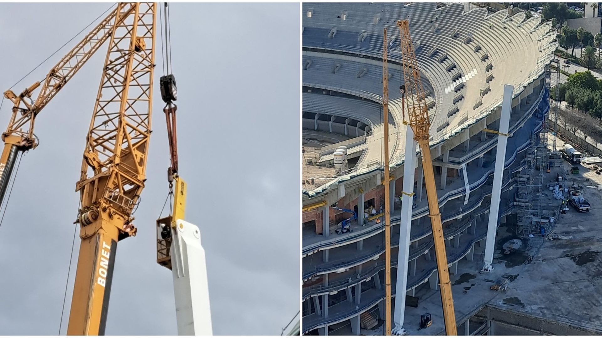Momento de la instalación de una de las vigas del Nou Mestalla