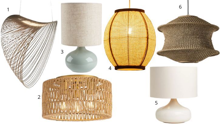 De izda. a dcha. 1. Lámpara de Amazon (142€). 2. Lámpara de Leroy Merlin (42,59). 3. Lámpara de Jysk (10€). 4. Lámpara de Sklum (59,95€). 5. Lámpara de Zara Home (49,99€). 6. Lámpara de Ikea (24,49€).