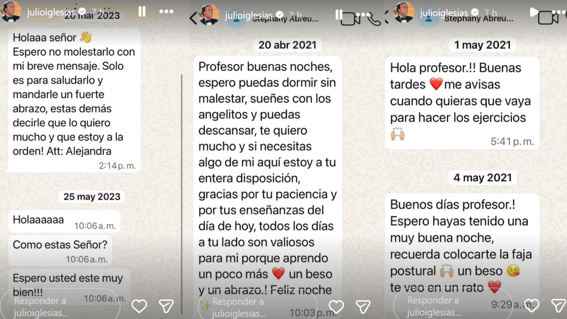 Capturas de Whatsapp que Julio Iglesias ha subido a Instagram para demostrar su inocencia