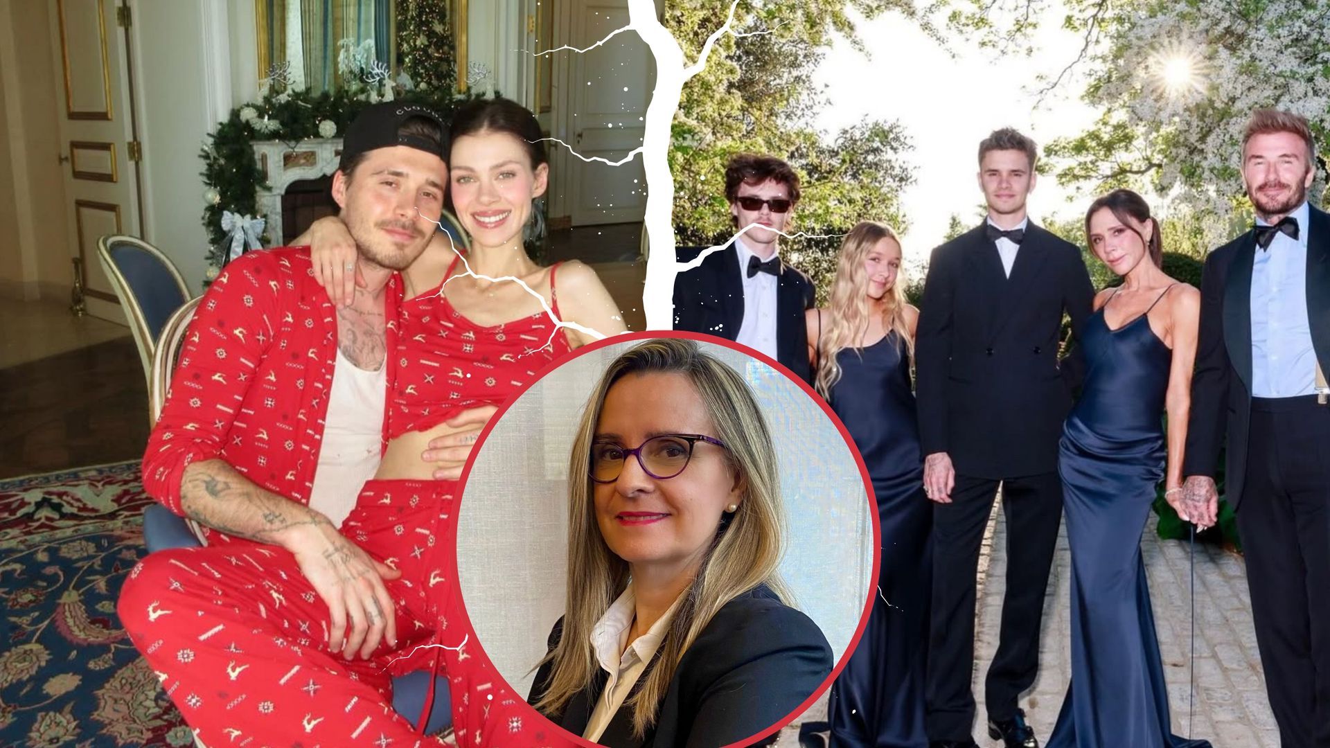 A la izquierda, Brooklyn Beckham y Nicola Peltz; a la derecha, el resto de la familia Beckham y, en el centro, Beatriz Corchado