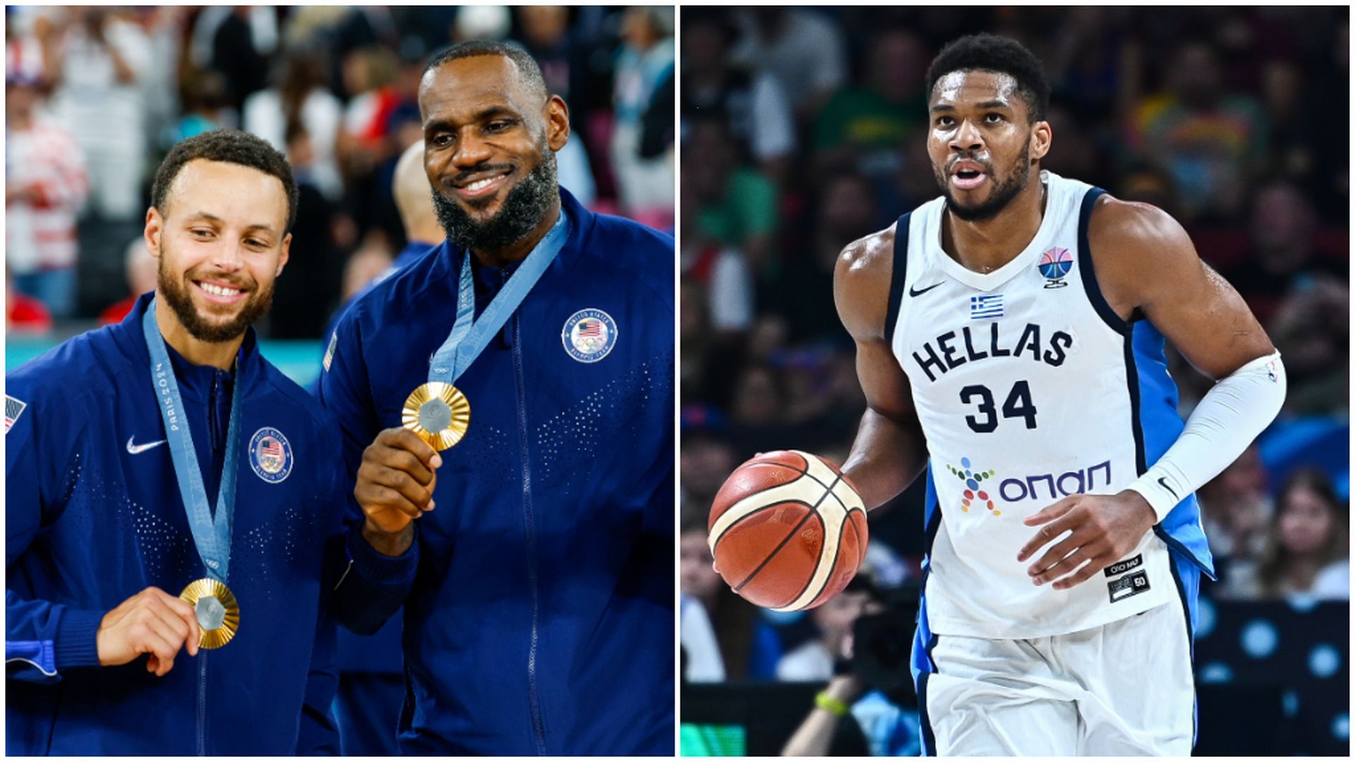 LeBron James, Giannis Antetokounmpo y Stephen Curry con sus respectivos países LeBron James, Giannis Antetokounmpo y Stephen Curry con sus respectivos países