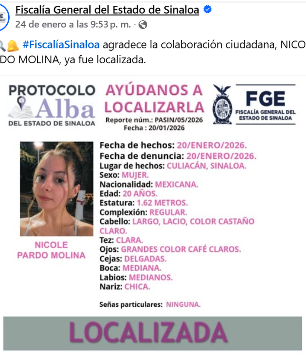 La Fiscalóa de Sinaloa comunicó la localización de la influencer