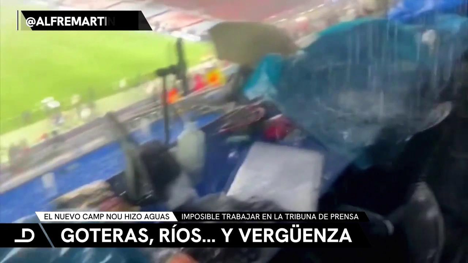 Las zonas de prensa bajo el diluvio del Camp Nou