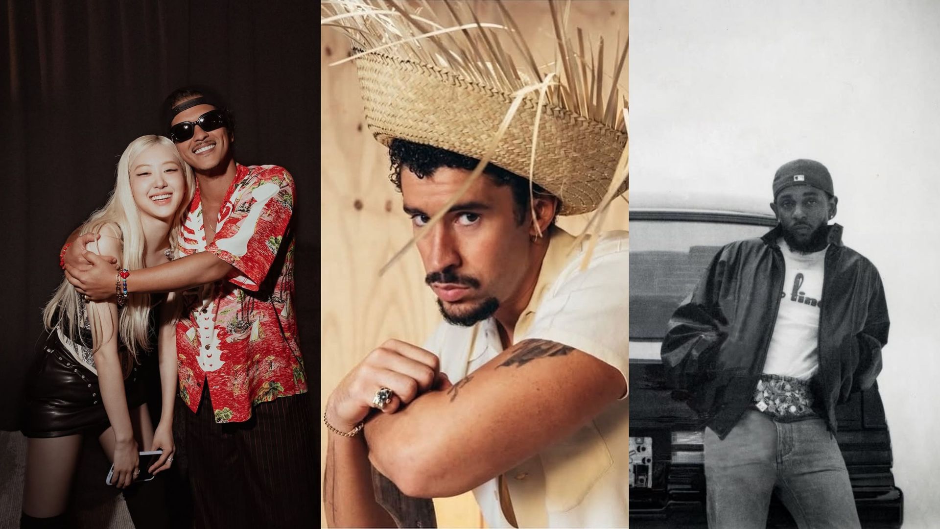 De izquierda a derecha, Bruno Mars y Rosé, Bad Bunny y Kendrick Lamar De izquierda a derecha, Bruno Mars y Rosé, Bad Bunny y Kendrick Lamar