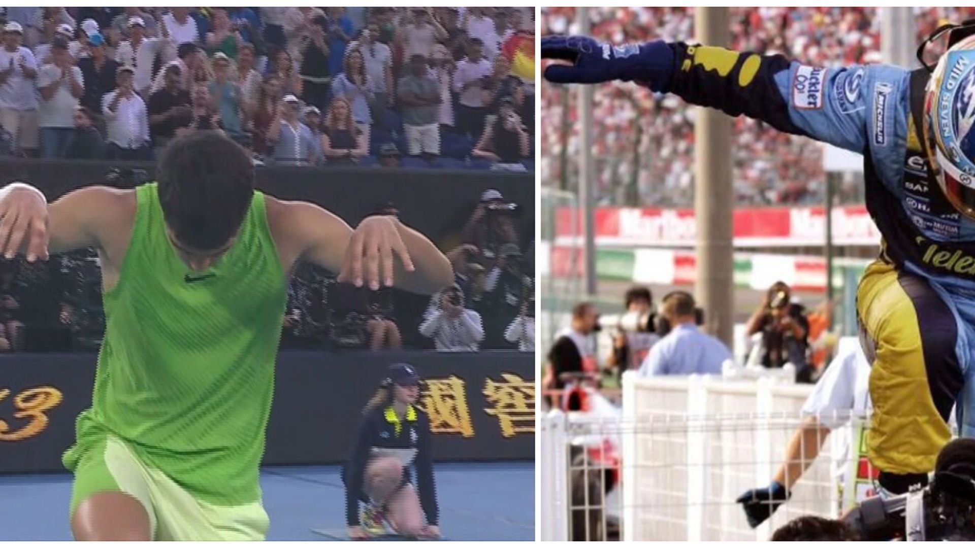 La celebración de Carlos Alcaraz y la de Fernando Alonso en el Mundial de 2006