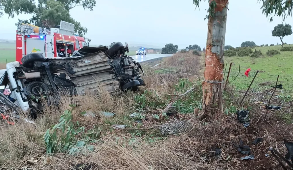 Coche volcado tras colisionar con el árbol en el siniestro