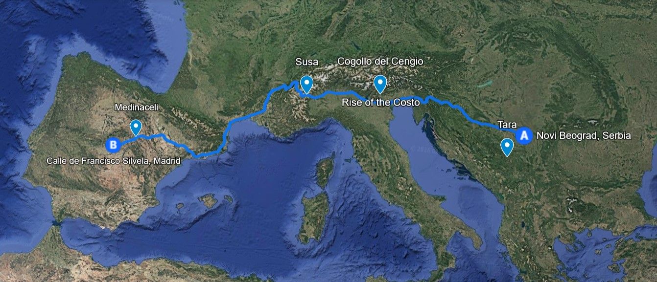 Imagen de una ruta de Belgrado hasta Madrid y puntos en los que se ha buscado a Ana María Henao