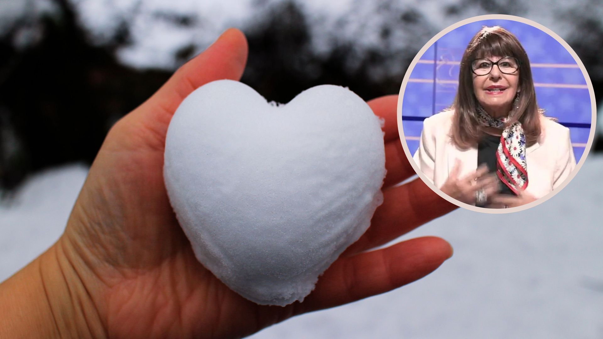 Montaje con imagen de una mano sujetando un corazón de nieve y Esperanza Gracia