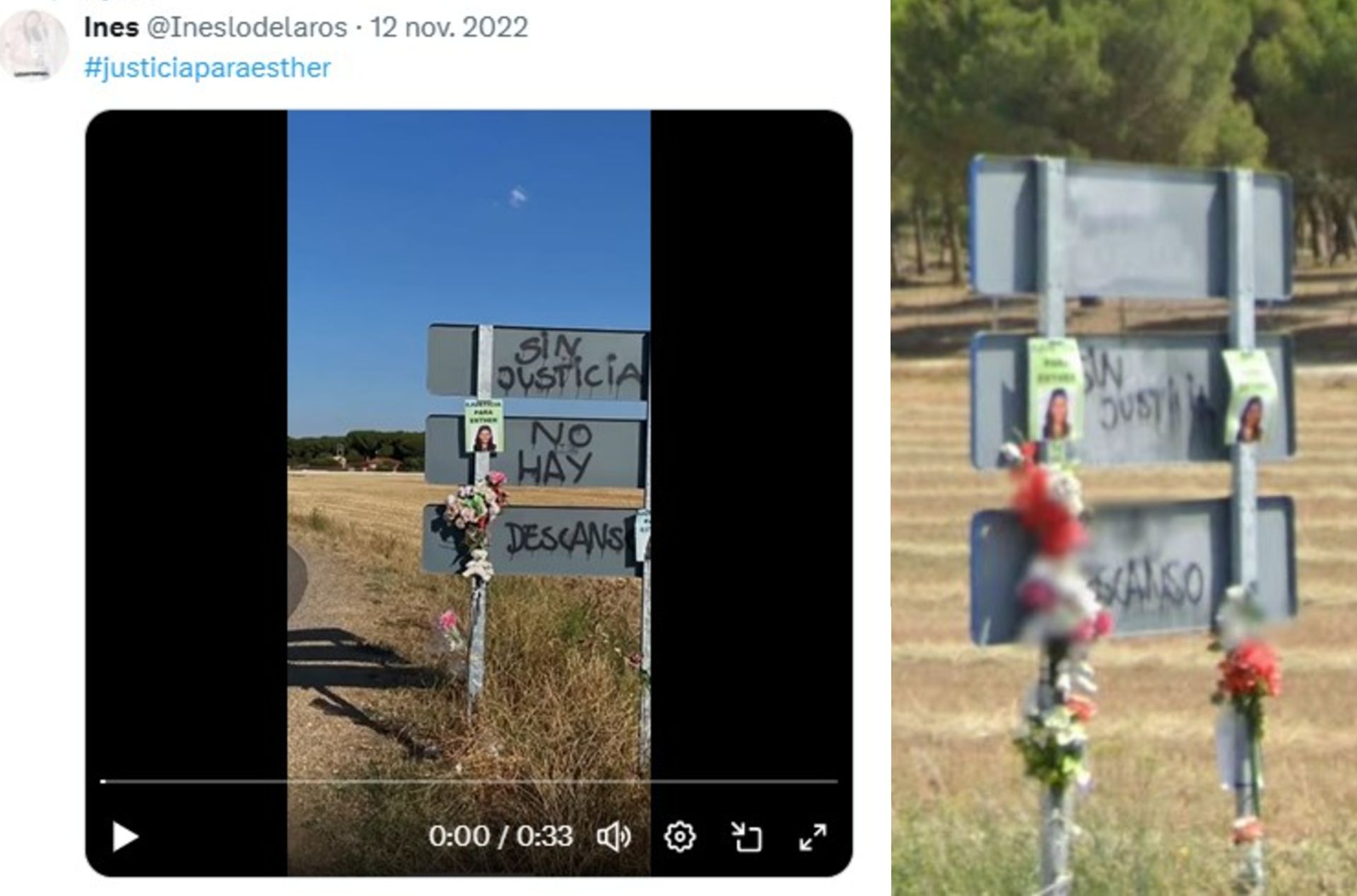 Señal en la zona del memorial a Esther López en 2023, un año después del crimen