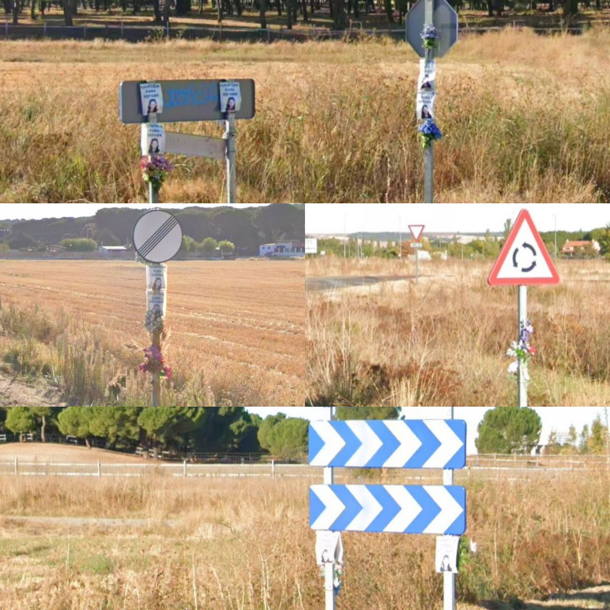 Señales y flores en la zona del memorial a Esther López en octubre de 2025