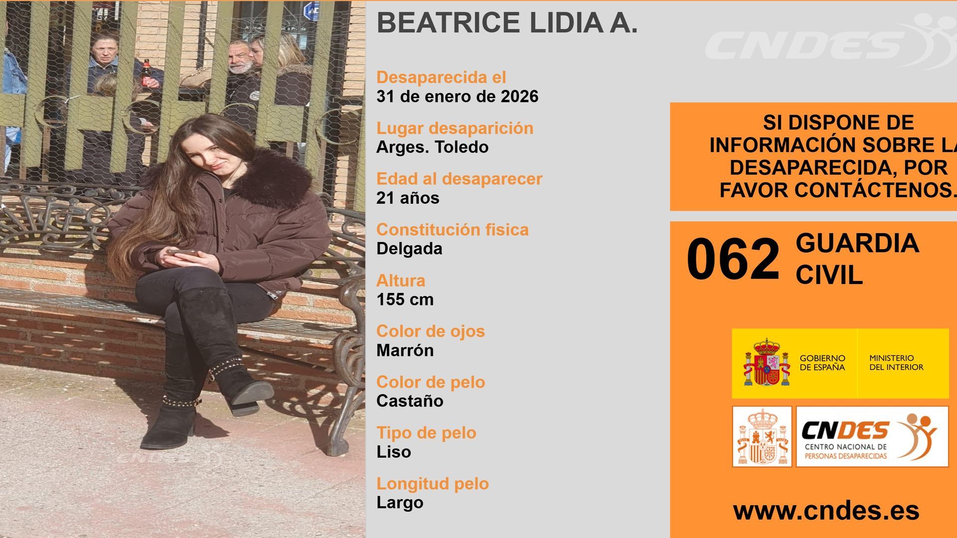 Cartel de Beatrice Lidia, desaparecida en Argés