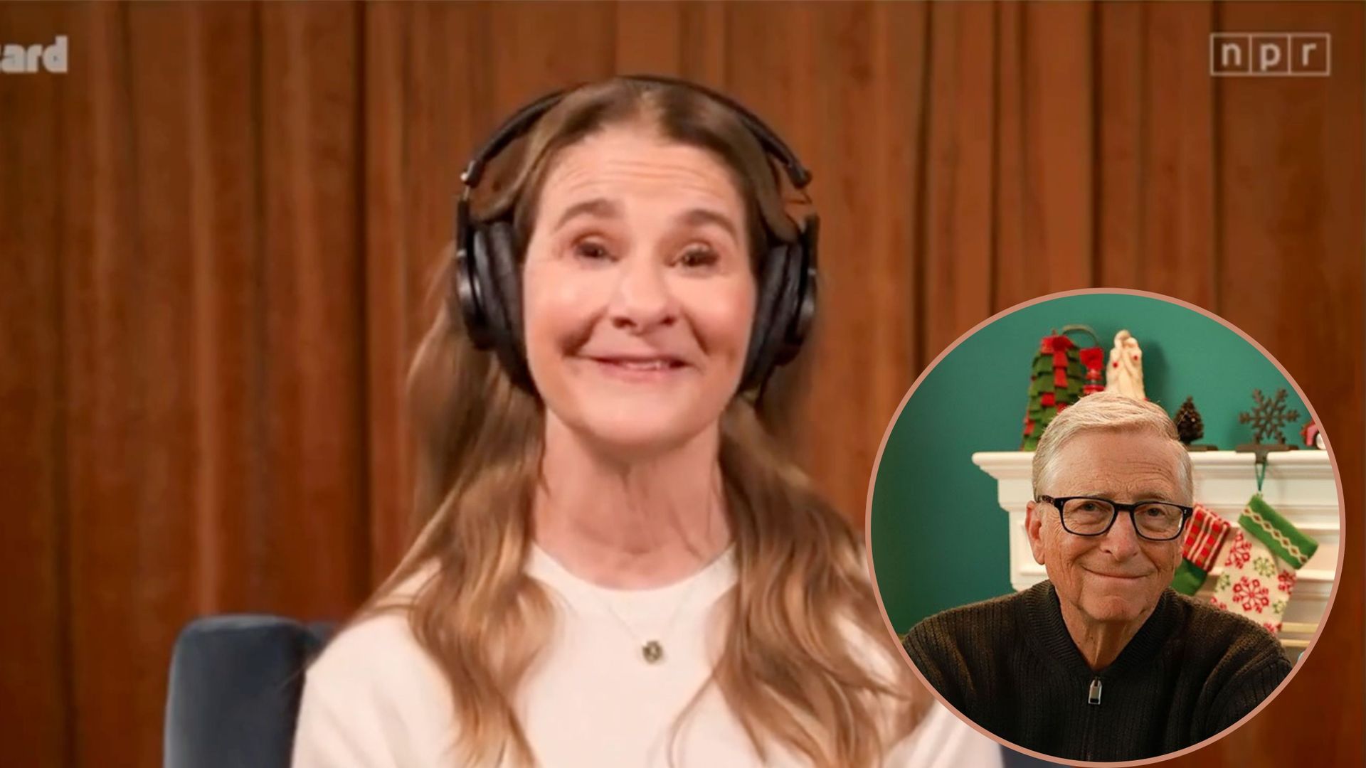 Montaje con Melinda Gates en la entrevista para la NPR y, debajo y a la derecha, Bill Gates