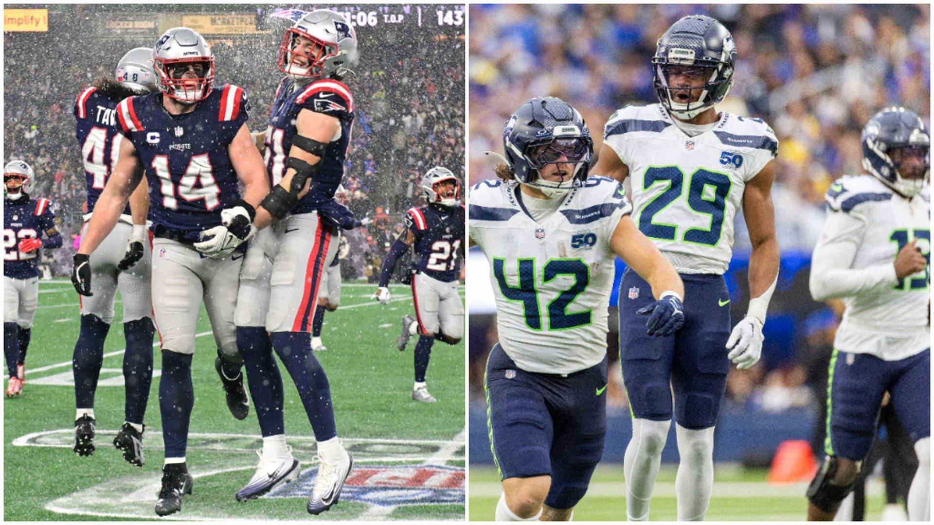 Los jugadores de los New England Patriots y de los Seattle Seahawks en las Finales de Conferencia antes de la Super Bowl LX