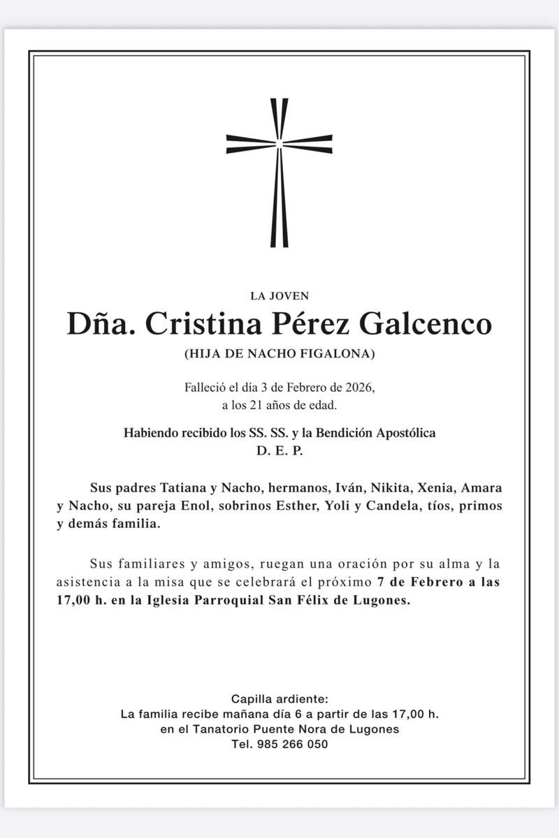 Una imagen de la esquela de Cristina Pérez Galcenco, compartida por su madre