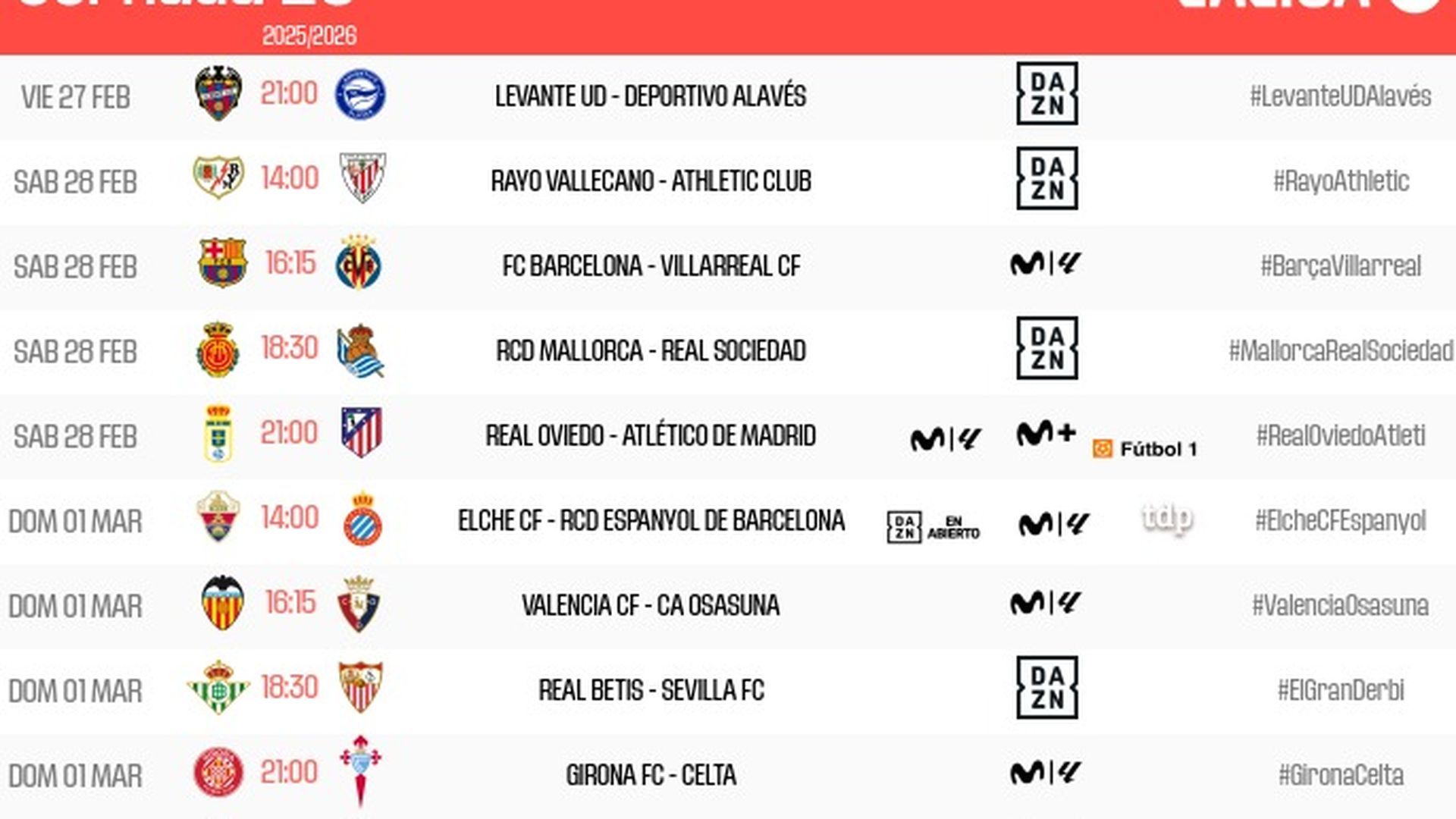 Horarios de la jornada 26 de LALIGA EA Sports