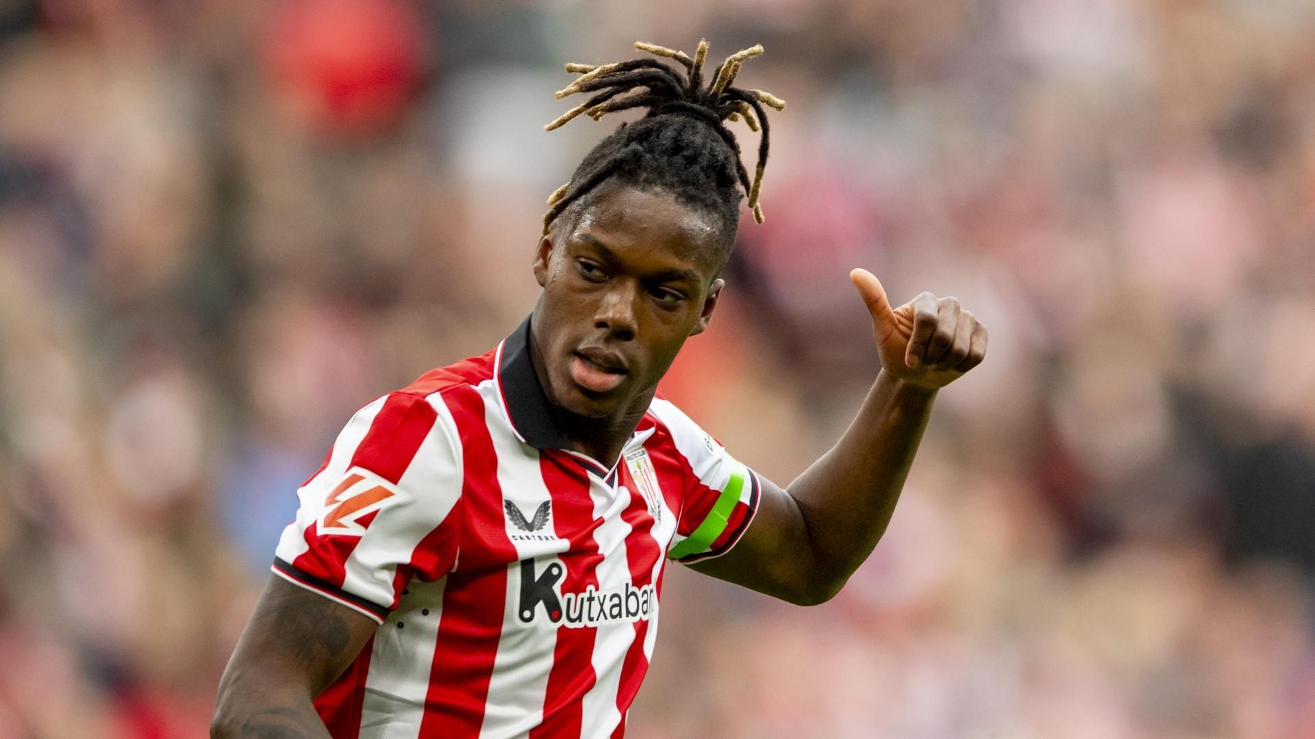 Gesto de Nico Williams en San Mamés ante el Levante UD