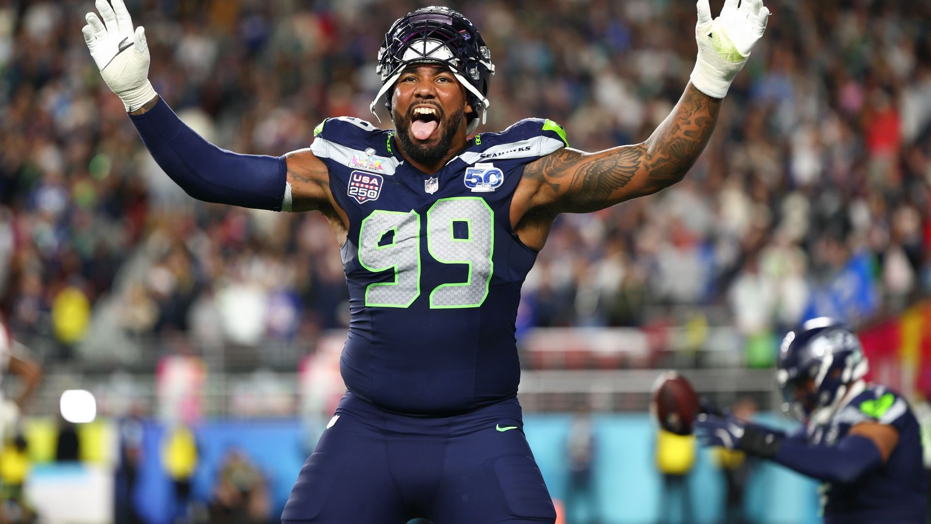 Leonard Williams celebra la victoria de los Seahawks en la Super Bowl 2026