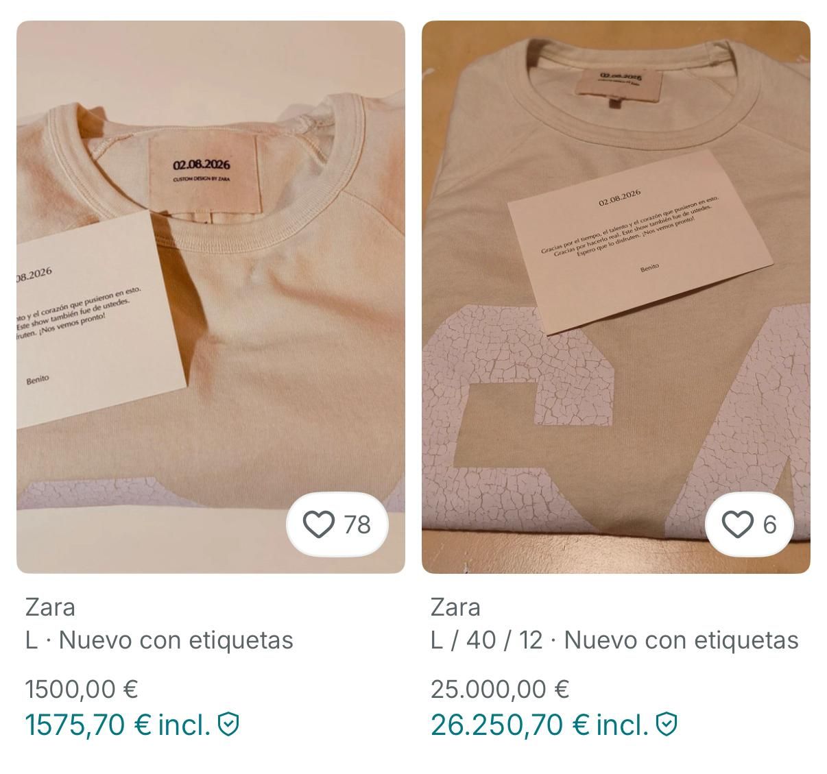 Anuncios publicados en una plataforma de venta con camisetas que Bad Bunny regaló a los empleados de Zara