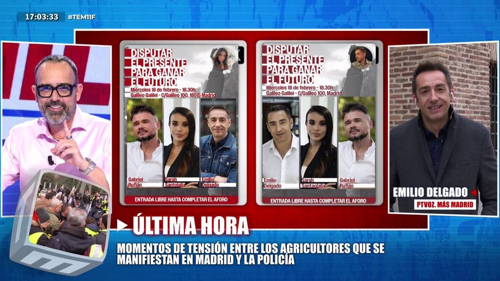 Emilio Delgado aclara las "teorías conspiratorias" en torno a los carteles del acto con Gabriel Rufián: "Me parece flipante"
