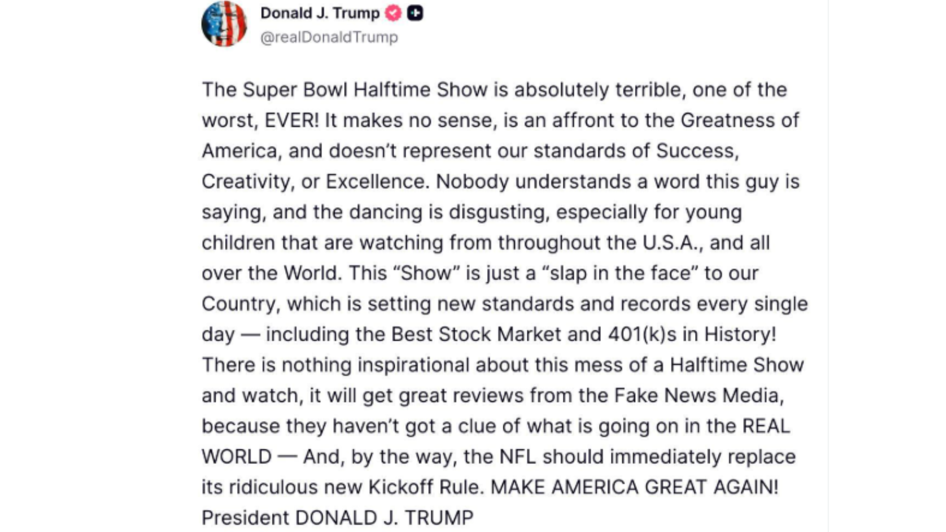 Donald Trump opina sobre el show de la Super Bowl: "Uno de los peores de todos los tiempos"