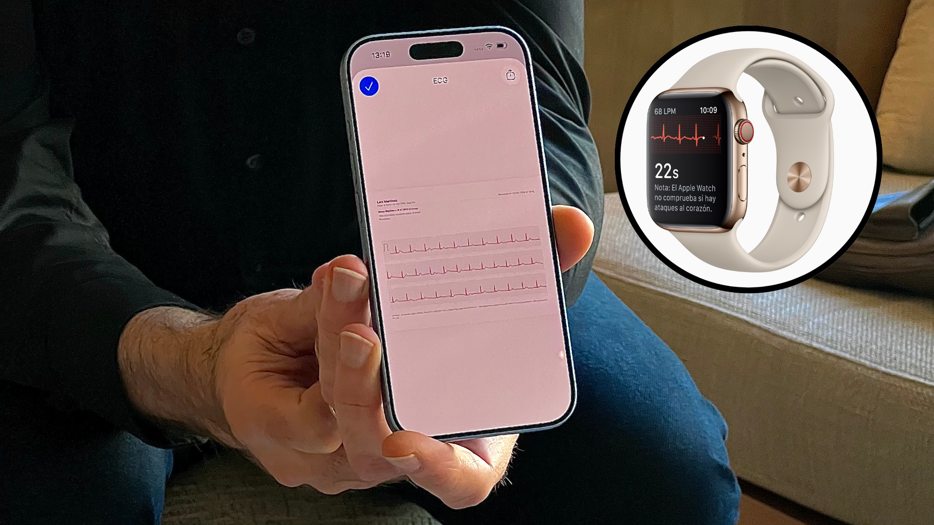 Fotomontaje que muestra los resultados de un electrocardiograma realizado con un Apple Watch