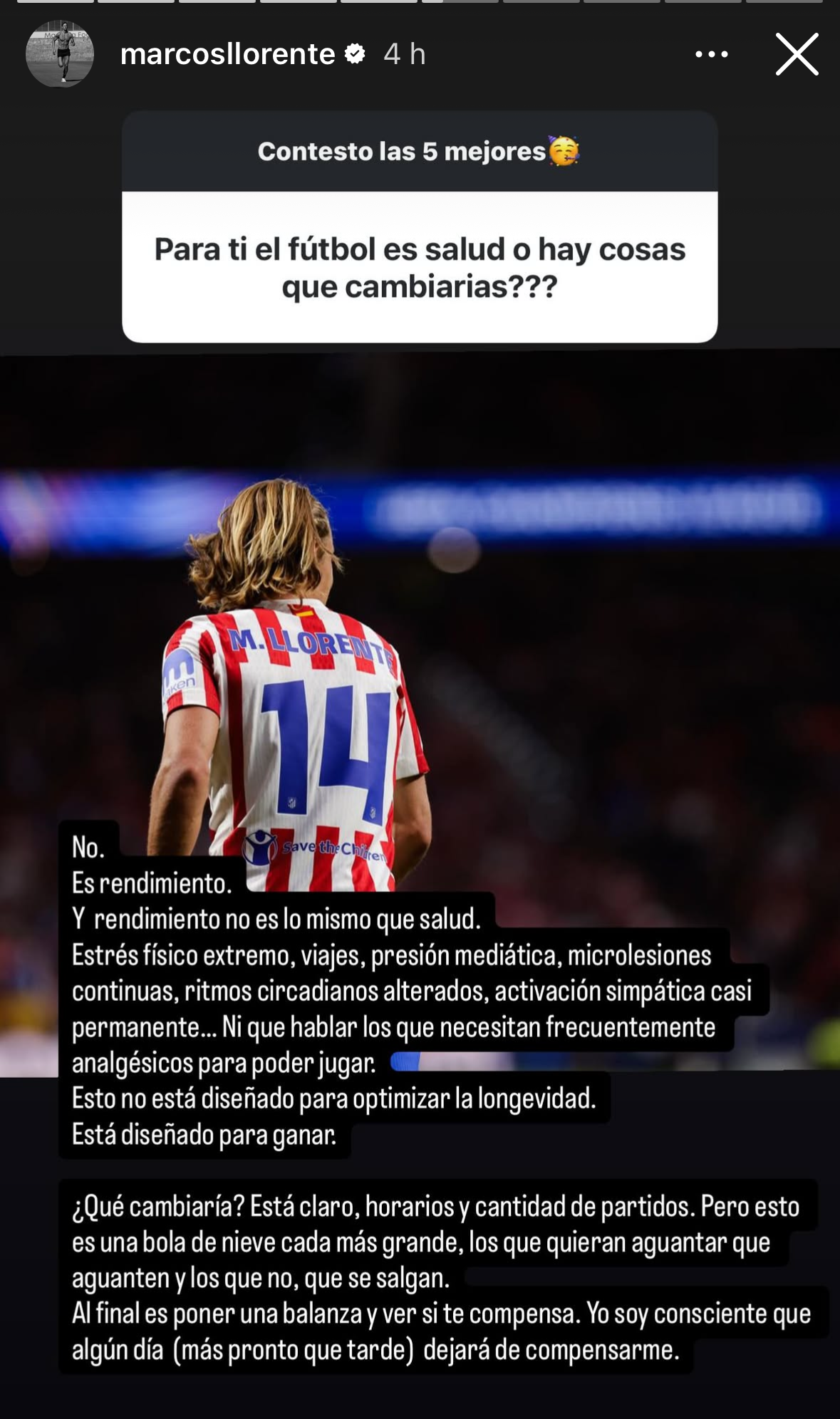 El post de Marcos Llorente en Instagram sobre el fútbol y la salud