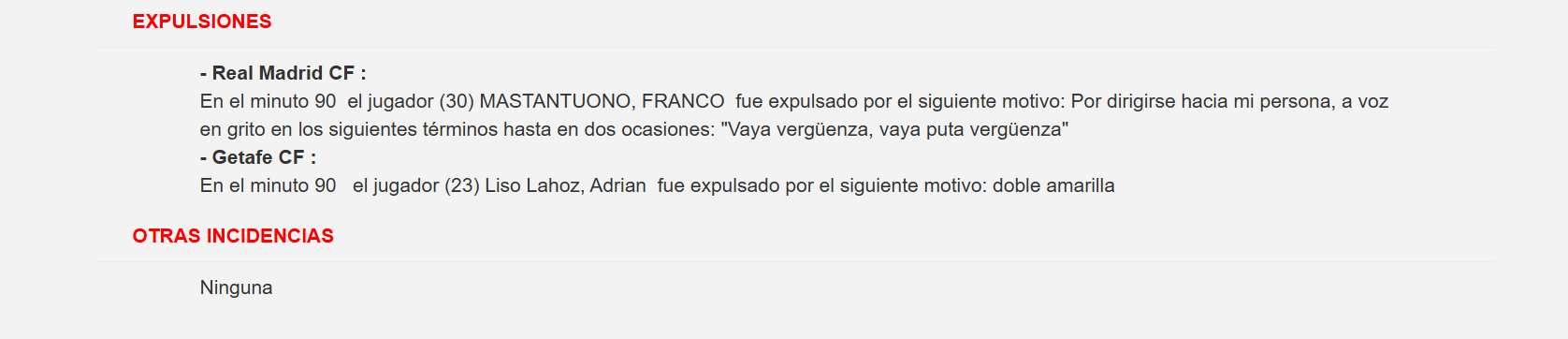 Extracto del acta arbitral del Madrid-Getafe