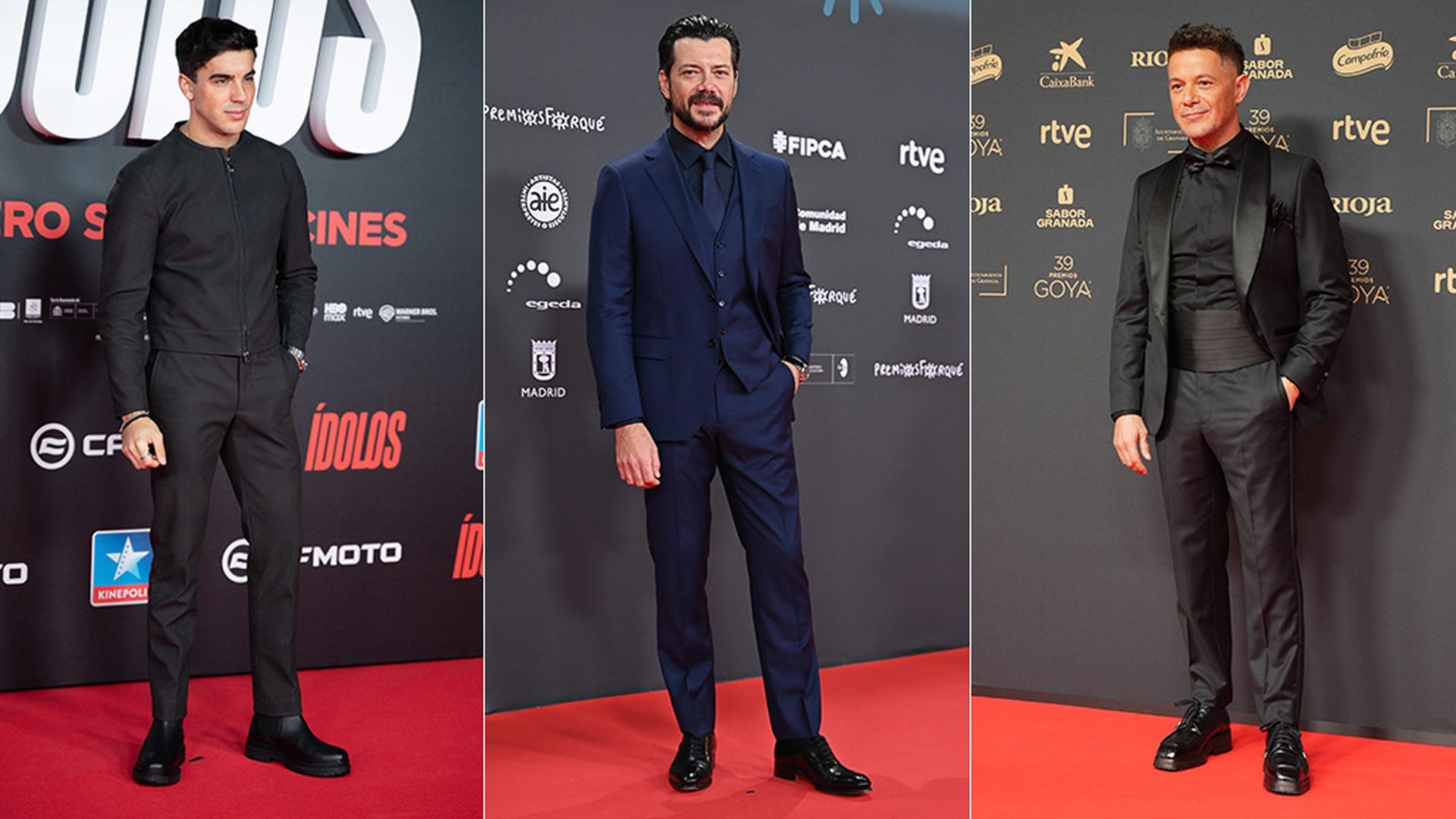 Oscar Casas, Álvaro Morte y Alejandro Sanz, con trajes de Mansolutely