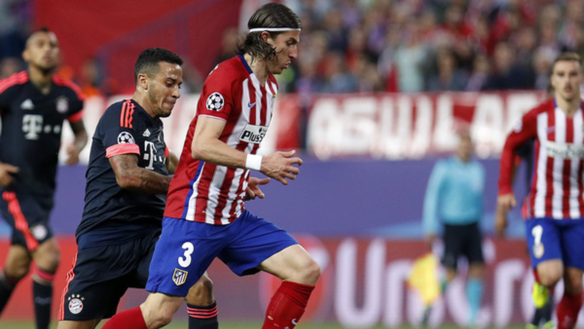 Filipe Luis, en el Atlético-Bayern de 2016
