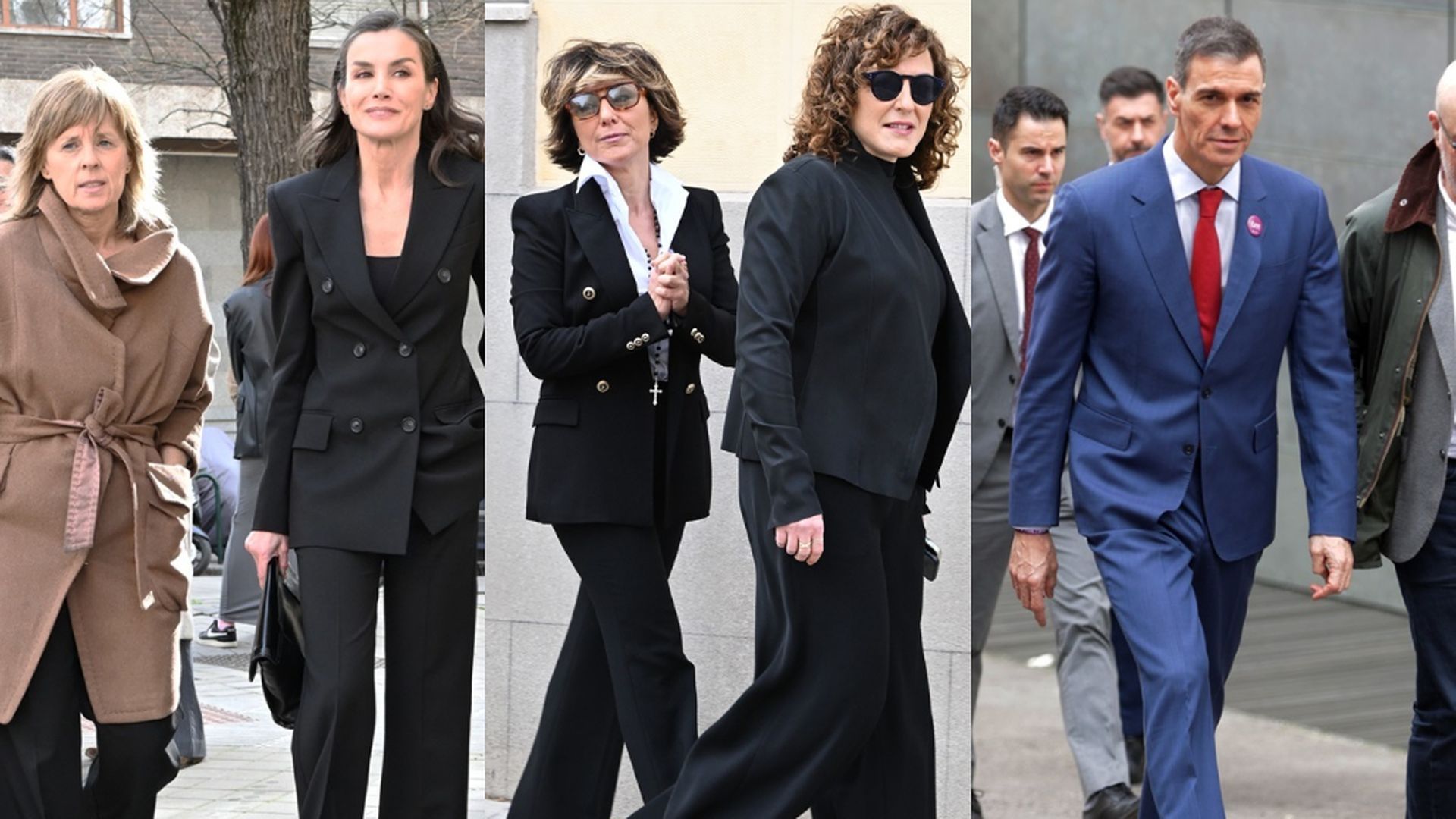 La reina Letizia, Marta Carazo, Sonsoles Ónega, Cristina Ónega y Pedro Sánchez, en la capilla ardiente de Fernando Ónega