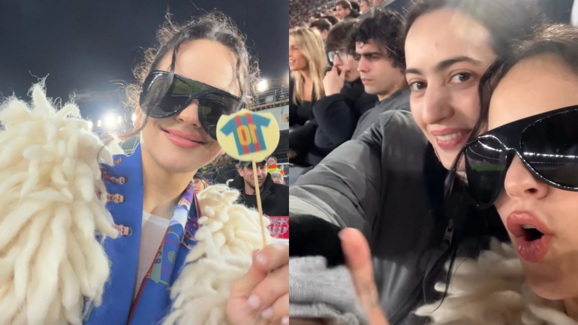 Rosalía en el partido del Barca - Atlético junto a su hermana, Pilar