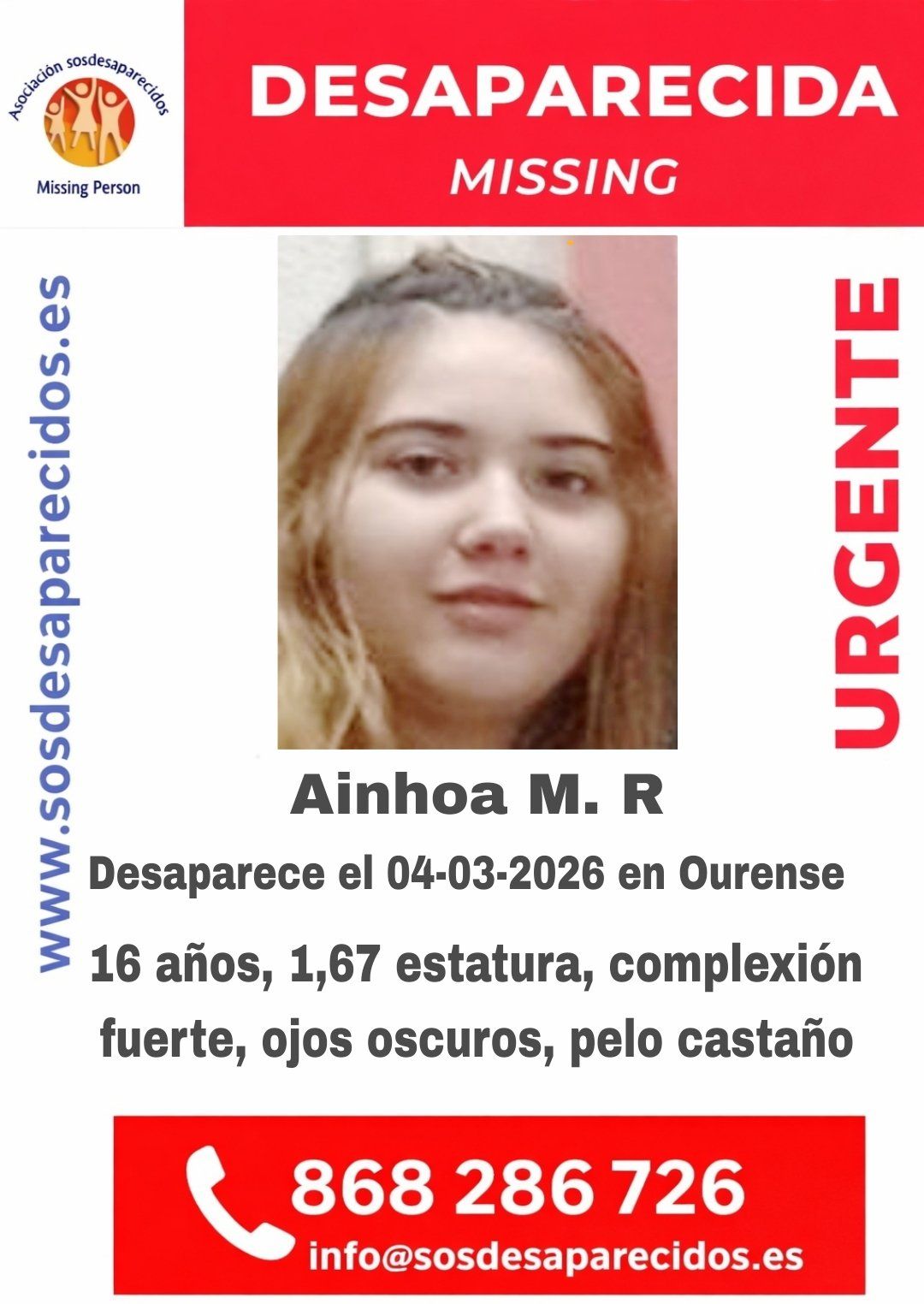 SOS Desaparecidos ha compartido este cartel para intentar localizar a Ainhoa, una menor desaparecida en Ourense