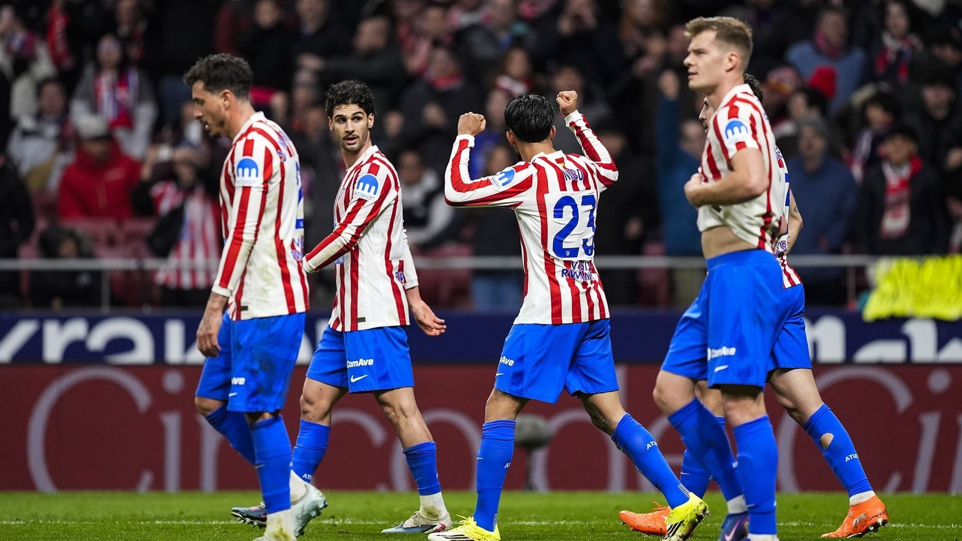Jugadores del Atlético de Madrid tras la celebración de un gol
