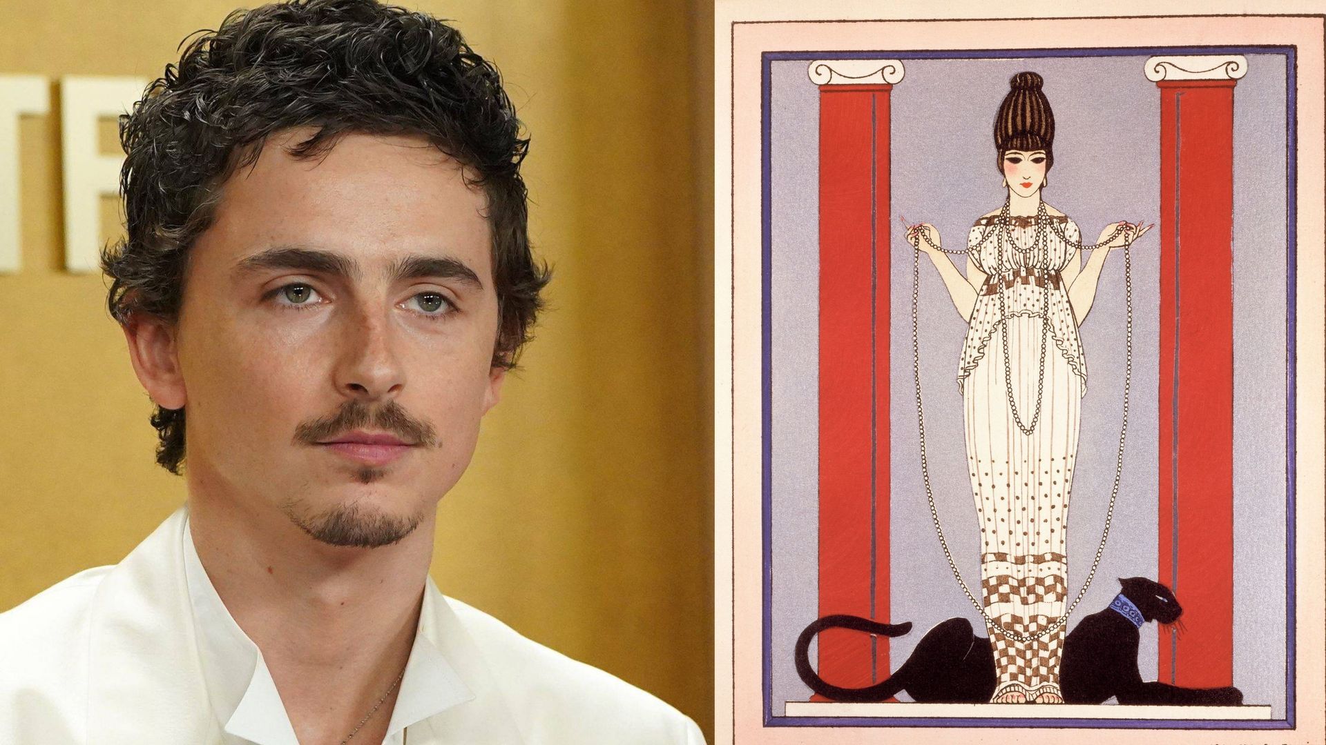 Montaje con Timothée Chalamet en los Actors Awards y la ilustración 'La mujer de la pantera', de G. Barbier