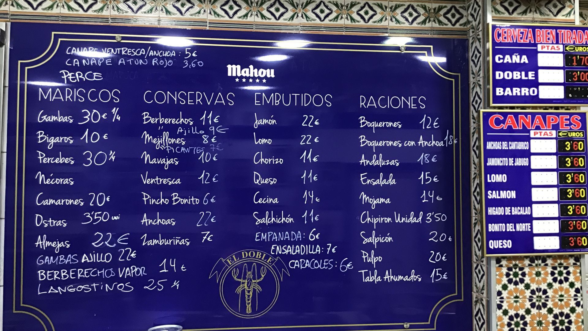 Carta de la Cerveceria El Doble, en Madrid