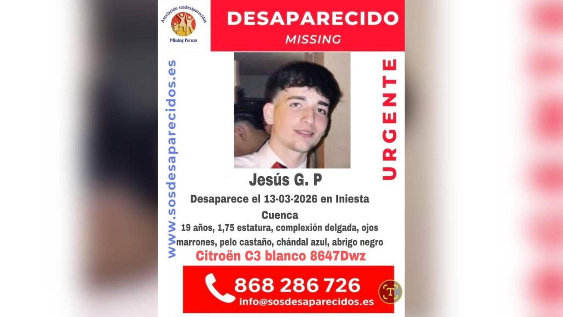 Buscan a Jesús Gómez, joven de 19 años desaparecido desde el viernes 13 de marzo en Iniesta, Cuenca Buscan a Jesús Gómez, joven de 19 años desaparecido desde el viernes 13 de marzo en Iniesta, Cuenca