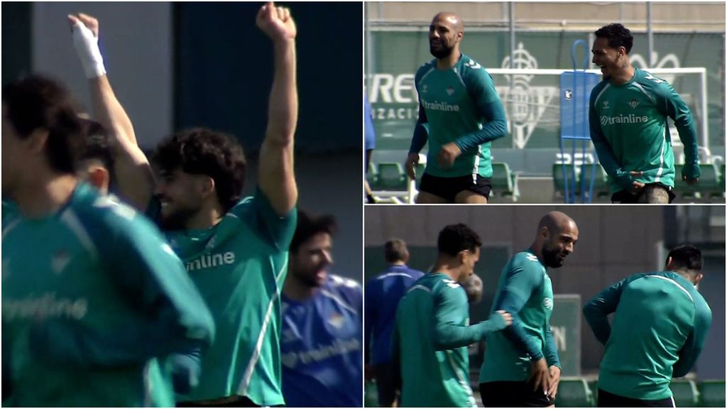 Abde y Amrabat celebran la Copa África entre vaciles de Antony y Chimy en el entrenamiento del Betis