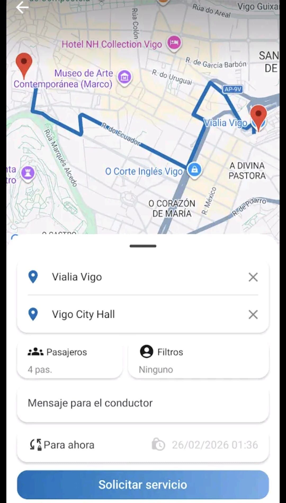 La aplicación es similar a otras y permite indicar punto de recogida y destino de cada servicio solicitado
