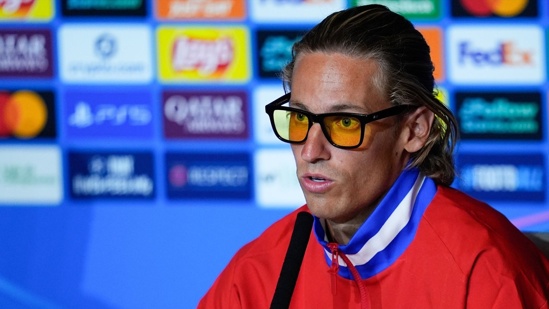 Marcos Llorente en una rueda de prensa del Atlético de Madrid esta temporada