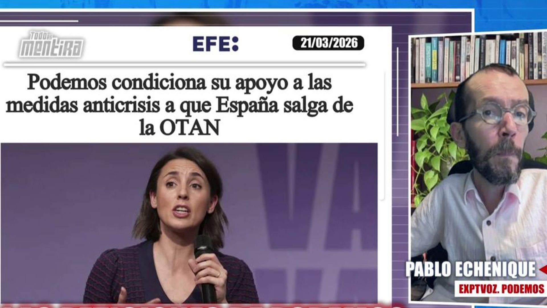 Echenique afirma que la posición de Podemos sobre "salir de la OTAN" no ha sido condicionante en las ayudas
