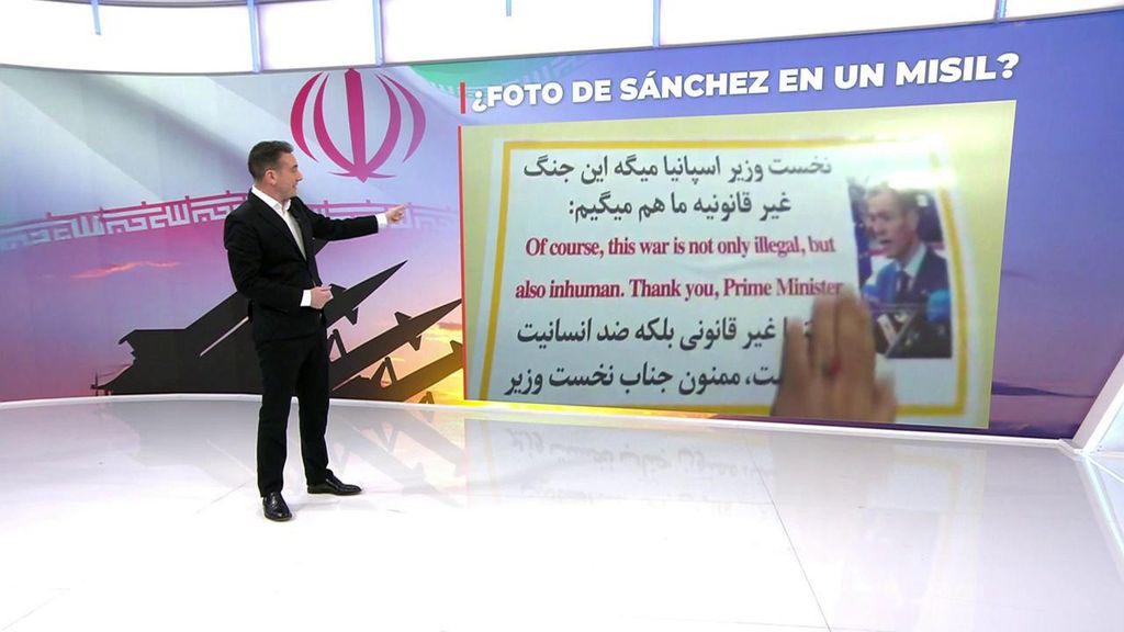 Irán difunde las imágenes de una fotografía de Sánchez y su mensaje del "No a la guerra" en un misil