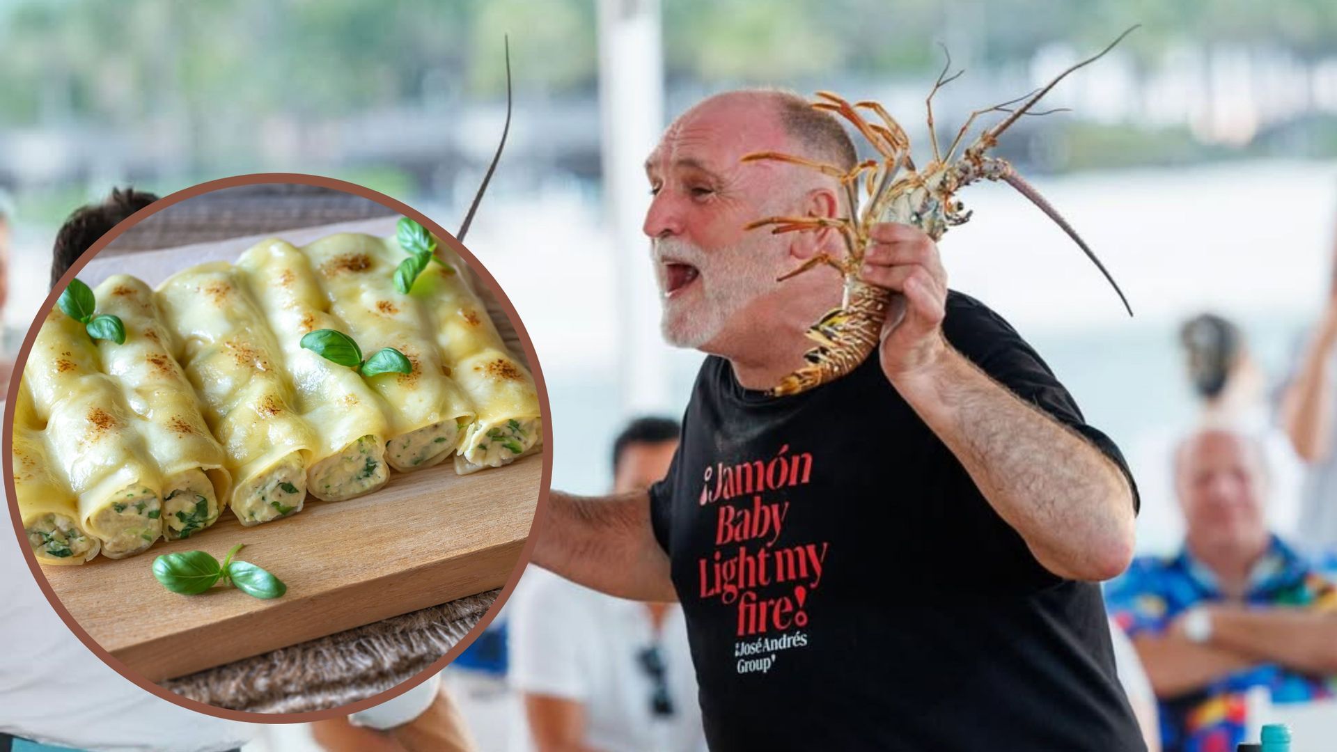 Montaje con el chef José Andrés y un plato de canelones Montaje con el chef José Andrés y un plato de canelones