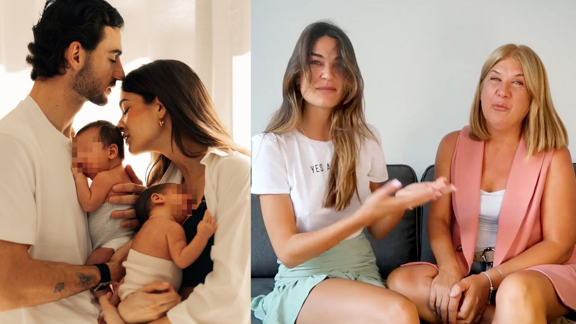 Montaje con foto de Estela Grande con Juan Iglesias y sus mellizos, a la izquierda; a la derecha, con su madre