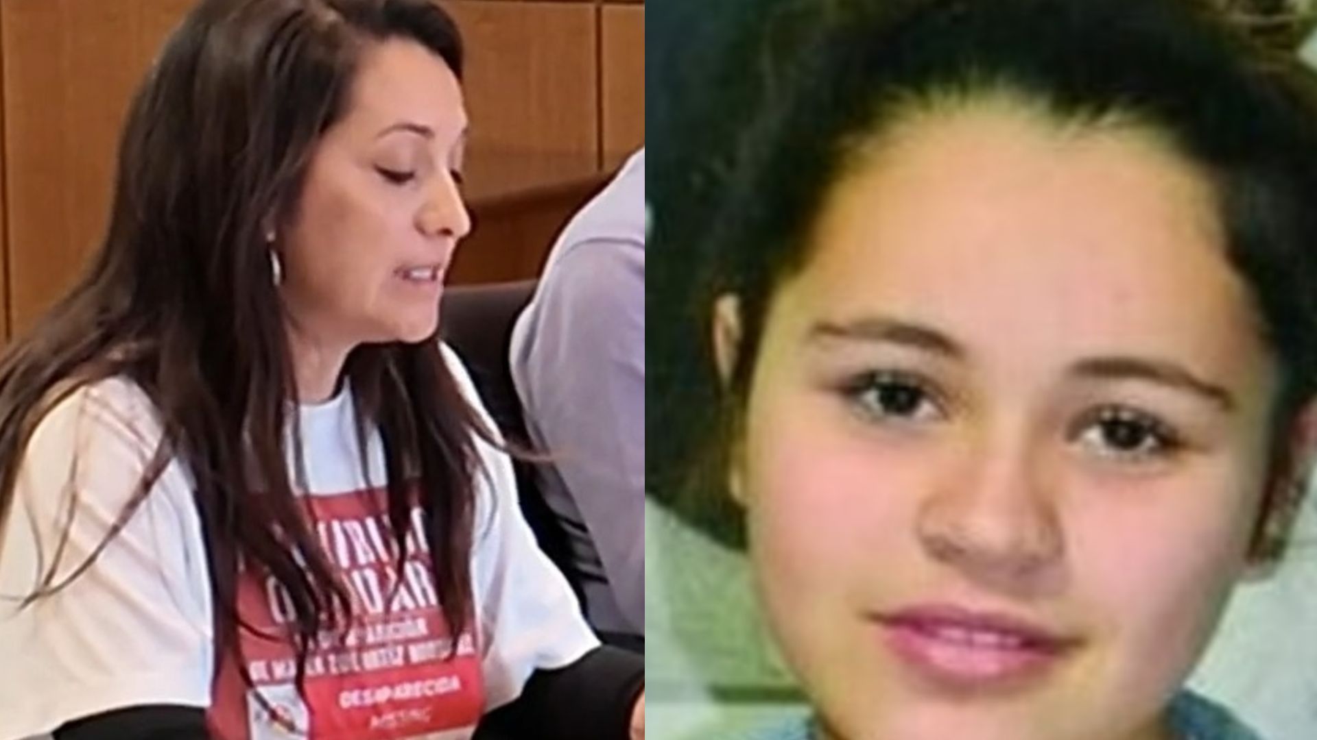 Natalia Rodríguez, madre de Malén Ortiz durante su intervención en el pleno del Ayuntamiento de Calvià, y una imagen de su hija